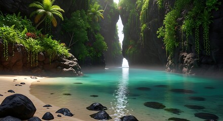 Tropical Island Waterfall Paradise Beach Scene.