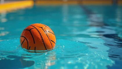 Orange water polo ball floats in bright blue pool water. Wet textured sphere has black lines. Sport equipment rests near pool edge. Active recreation on sunny day.