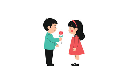 Fototapeta premium Sweet illustration of a young boy giving a red flower to a girl representing a simple act of kindness or young love.