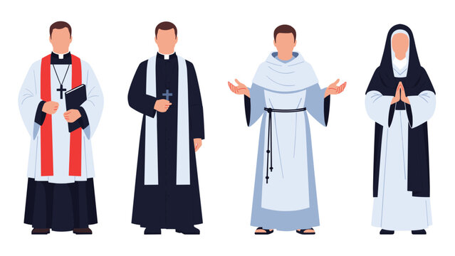 Diverse group of religious figures including a priest a monk and a nun in traditional clerical and monastic clothing.