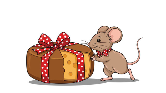 Adorable little mouse wearing a red bowtie standing next to a large wheel of cheese tied with a red polka dot ribbon.