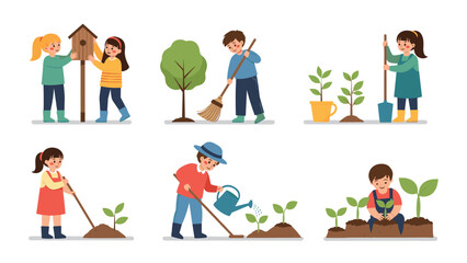 Fototapeta premium Group of kids participating in environmental gardening tasks like planting trees, watering flowers, and sweeping leaves in the backyard.