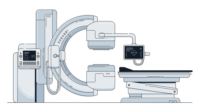 Illustration of a modern C-arm X-ray machine used for medical imaging and surgical procedures in a high tech hospital or clinic environment.