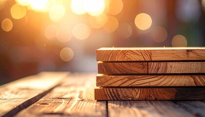 Stack of rough-sawn timber planks on a rustic wooden table with a warm, blurred background of bokeh lights