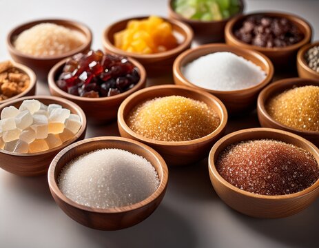 alternative granular sweeteners displaying natural crystal structures and textures healthy nutrition concept diet friendly food ingredients for wellness lifestyle and culinary innovation alternatives