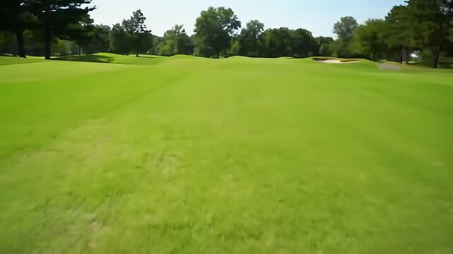 View of an expansive green golf course on a sunny day, with trees in the background