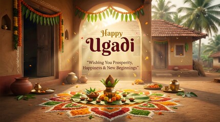 Fototapeta premium Ugadi celebration with traditional indian decorations and colorful rangoli design on floor
