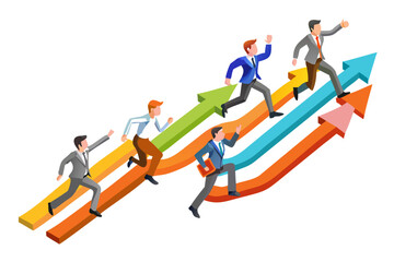 Businesspeople racing upwards on colorful isometric arrow pathways towards success