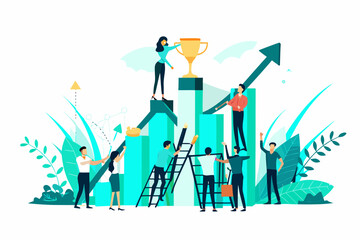 Teamwork and success people collaborating to reach a golden trophy goal