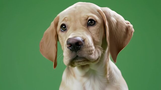 A cute, light brown puppy with floppy ears gazes forward against a simple green backdrop
