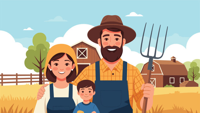 Happy farmer family standing together in front of their rural farm with barns and golden fields under a bright sunny sky during harvest.