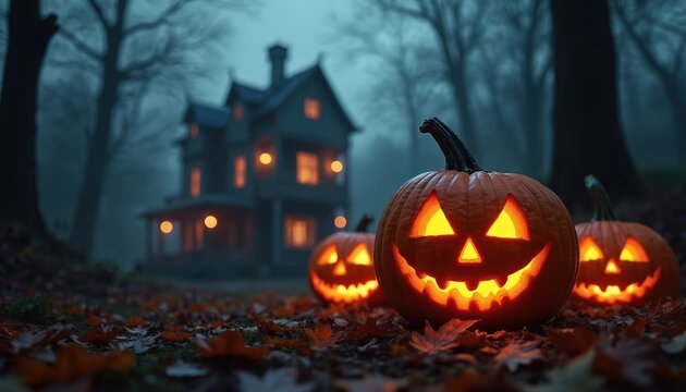 Three carved pumpkins glow on a dark, foggy night with a spooky house in background. Fallen leaves cover ground near jack-o-lanterns. Halloween celebration scene.