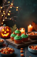 Fototapeta premium Halloween party table with cupcakes, jack-o-lantern, lit candles, and small orange candies. Festive autumn celebration treats on dark wood. Spooky dessert buffet setup.