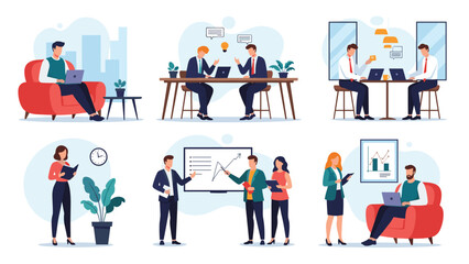Fototapeta premium Various scenes depict diverse office workers engaged in business activities like meetings presentations and working on laptops.