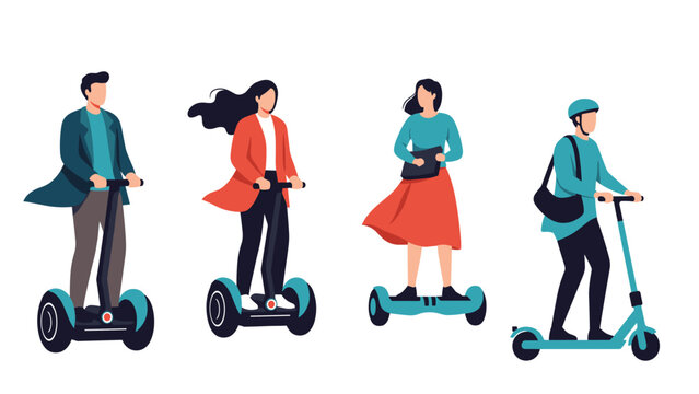 Four diverse people are shown riding modern personal electric vehicles like Segways and scooters in a minimalist flat style.