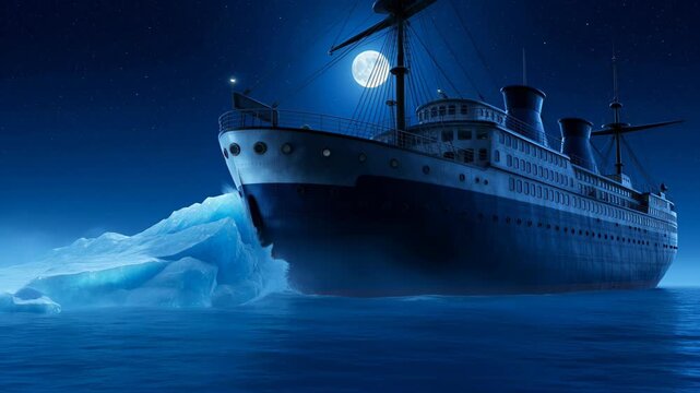 Cinematic CGI Animation of Titanic Sinking Under Moonlit Night with Dramatic Shipwreck Scene