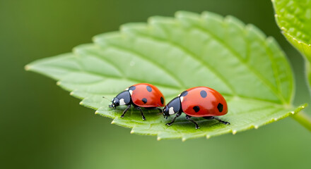 Obraz premium A small spotted red ladybird beetle crawls on a vibrant green leaf in a macro closeup of spring garden wildlife