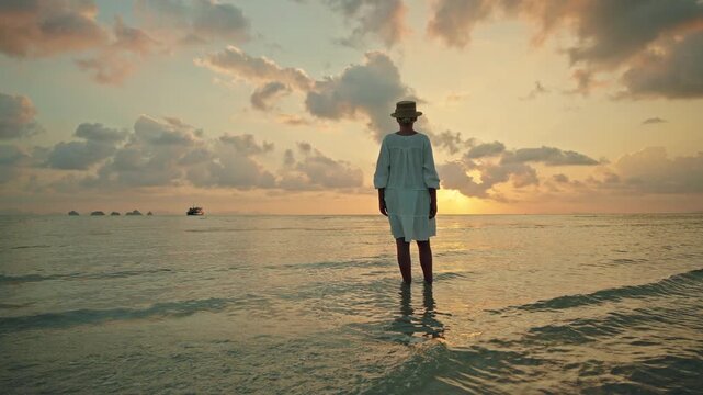 Young woman standing barefoot in shallow sea at sunset and sunrise on Lipa Noi beach, Koh Samui, peaceful tropical travel moment with dramatic clouds and wide copy space