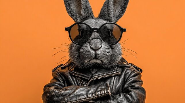 A cool rabbit wearing sunglasses and a leather jacket against an orange background