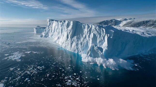 Large iceberg floats in the ocean with chunks of ice breaking off