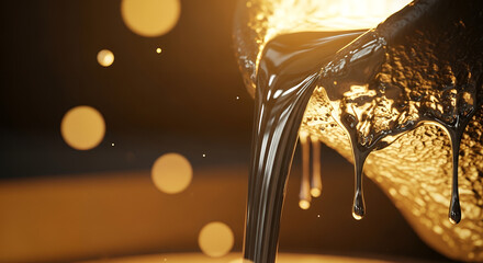 Golden honey pouring from honeycomb with bokeh lights