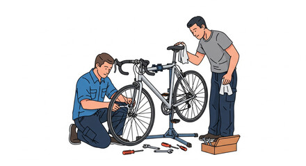 Two men repairing a bicycle in a workshop with tools scattered around on the floor