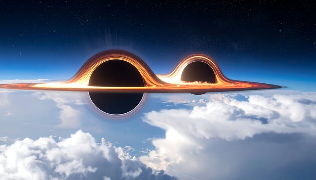 Simulated twin black holes warp space above earth's clouds against a starry sky backdrop, generating immense light