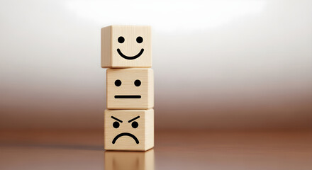 Wooden blocks with happy, neutral, and angry faces stacked vertically