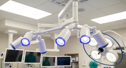 Operating room lights shining bright in modern surgical theater