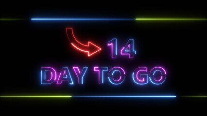 Obraz premium Neon bright text 14 day inside a horizontal banner royal blue color 4k illustration. Display day 14 text 4k illustration, calendar counter concept.