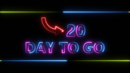 Obraz premium Neon bright text 20 day inside a horizontal banner royal blue color 4k illustration. Display day 20 text 4k illustration, calendar counter concept.