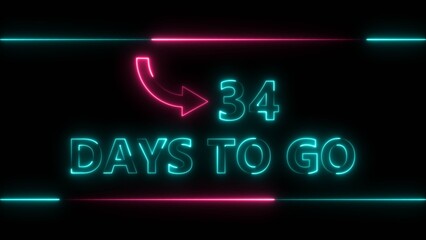 Obraz premium Neon bright text 34 day inside a horizontal banner colorful 4k illustration. Display day 34 text 4k illustration, calendar counter concept.