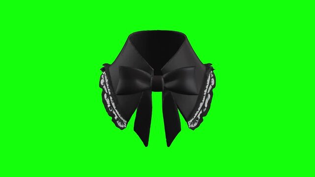 3D Stylish black collar with delicate lace trim and attractive bow animated on green screen background