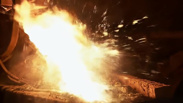 Molten metal pouring from a vessel, glowing orange in a dark industrial setting