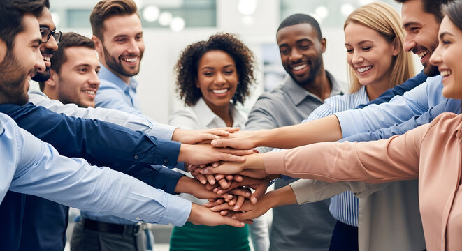 Diverse Business Team Members Showing Unity Through Hand Stacking Gesture in Modern Office