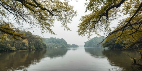 Obraz premium serene river landscape with autumn foliage