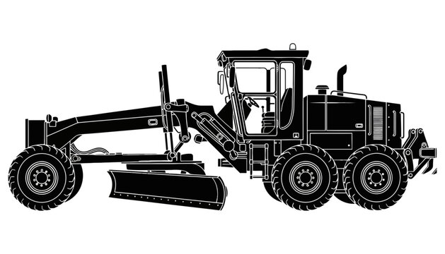 A black silhouette of a motor grader on a white background