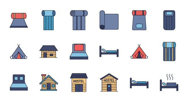 Camping Gear and Hostel Icons: Tents, Beds, Sleeping Mats, Backpacks, Cabins