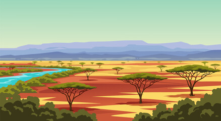 Vibrant Vector Illustration of an African Savannah Landscape at Sunset with Acacia Trees and a River
