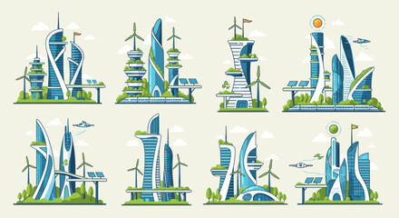 Futuristic Cityscape with Eco-Friendly Architecture and Renewable Energy © Roti