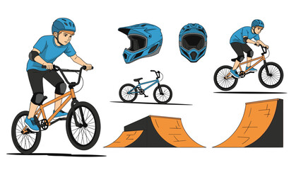 Naklejka premium Young bmx rider performs stunts on bike in skatepark alongside equipment set featuring helmet ramps and bicycle.