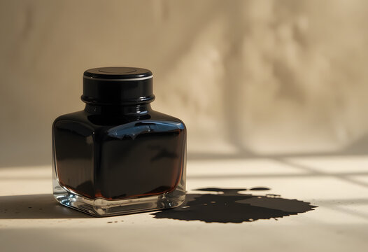 Full Black Ink Bottle with Ink Spot on Simple Background