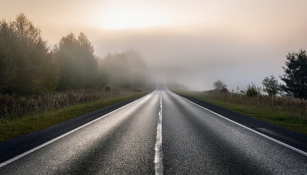a deserted road fades into thick fog creating a serene and mysterious atmosphere