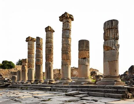ancient temple ruins featuring broken columns and geometric stones on a white background