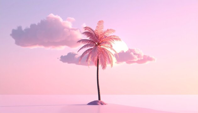 Single pastel pink palm tree on sand against a soft cloud and sky backdrop, creating a serene, dreamlike vista