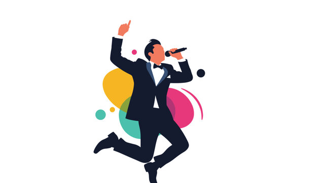Energetic man in a tuxedo jumping and singing into a microphone with vibrant colorful abstract shapes in the background.
