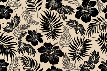 Black tropical leaves and hibiscus flowers on a beige background