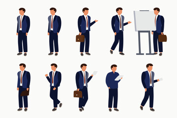 Diverse poses of a businessman in a suit presenting and walking