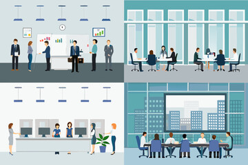Obraz premium Business professionals collaborating in an office environment with cityscape views