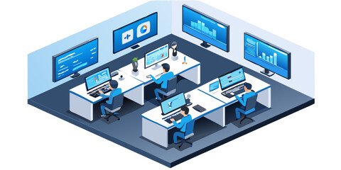 Obraz premium Isometric illustration of a modern data analysis and tech support center